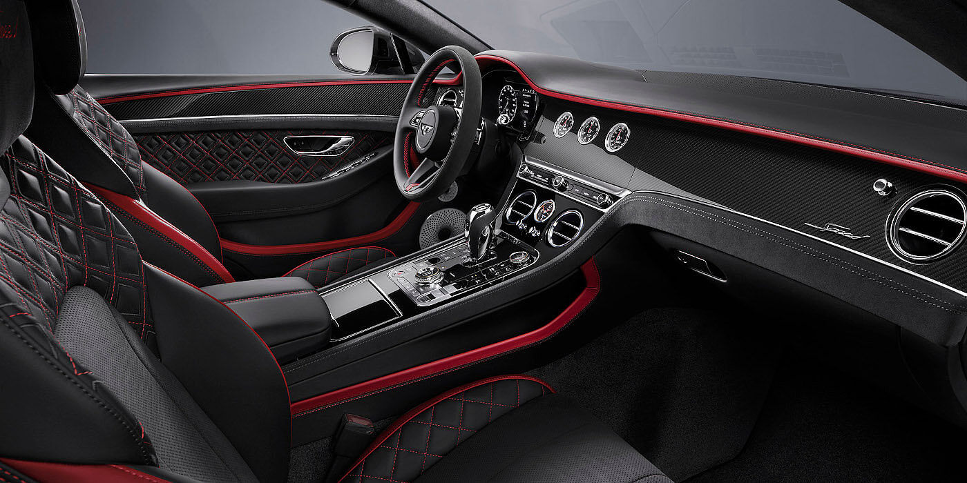 Bentley Zurich Bentley Continental GT Speed coupe front interior in Beluga black and Hotspur red hide