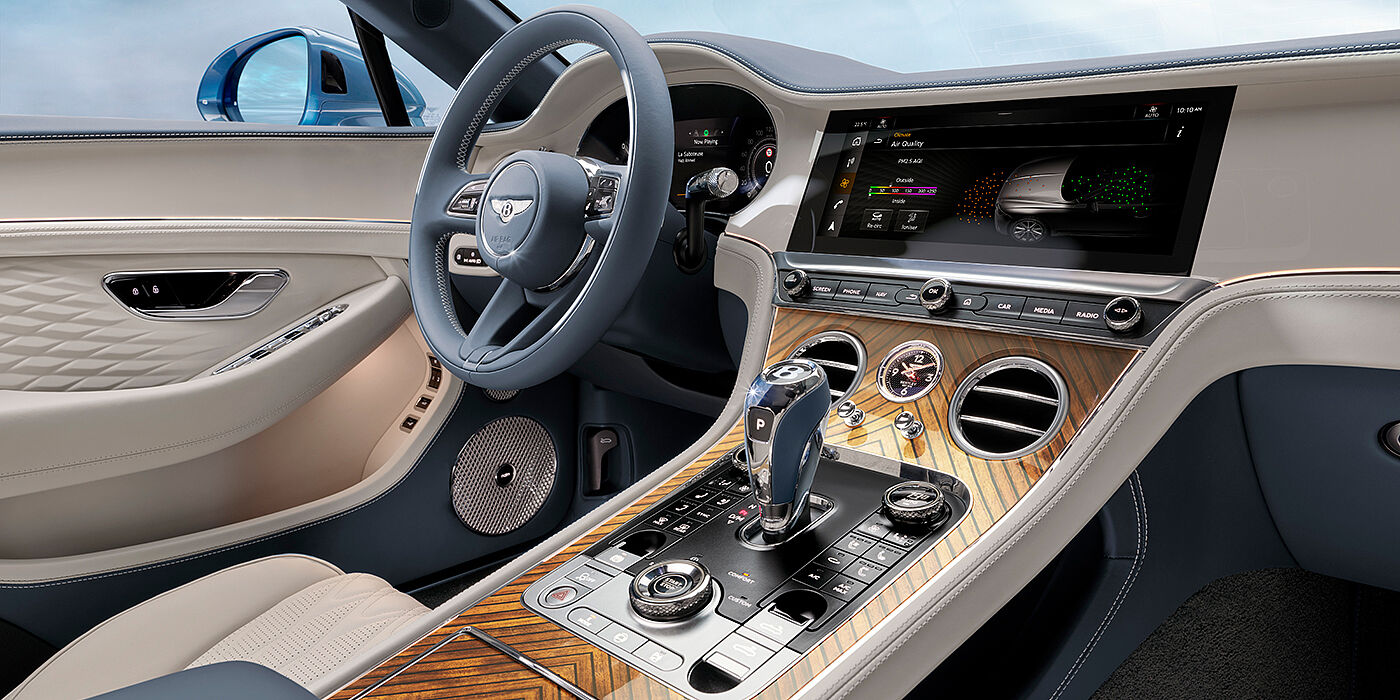 Bentley Zurich New Bentley Continental GTC Azure convertible interior front cabin view with Linen and Brunel hides and Piano Linen by Mulliner veneer featuring centre console and centre MMI screen