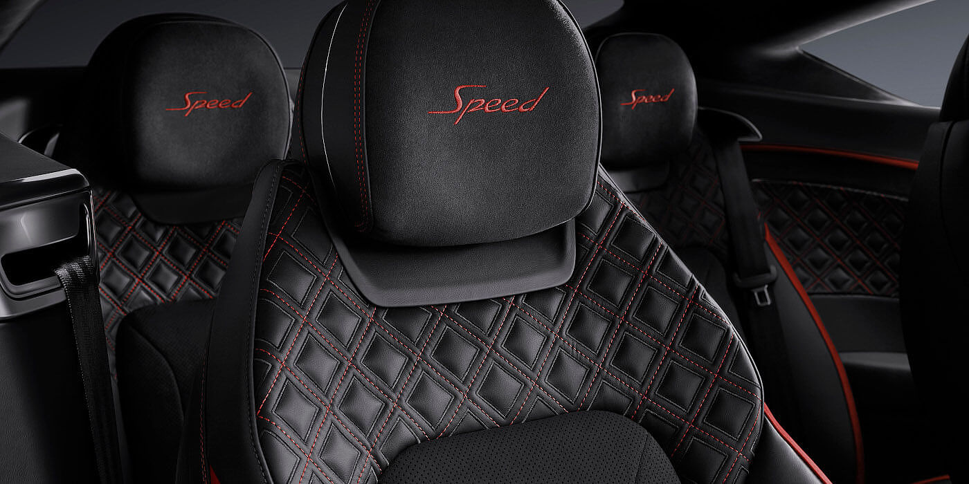 Bentley Zurich Bentley Continental GT Speed coupe seat close up in Beluga black and Hotspur red hide
