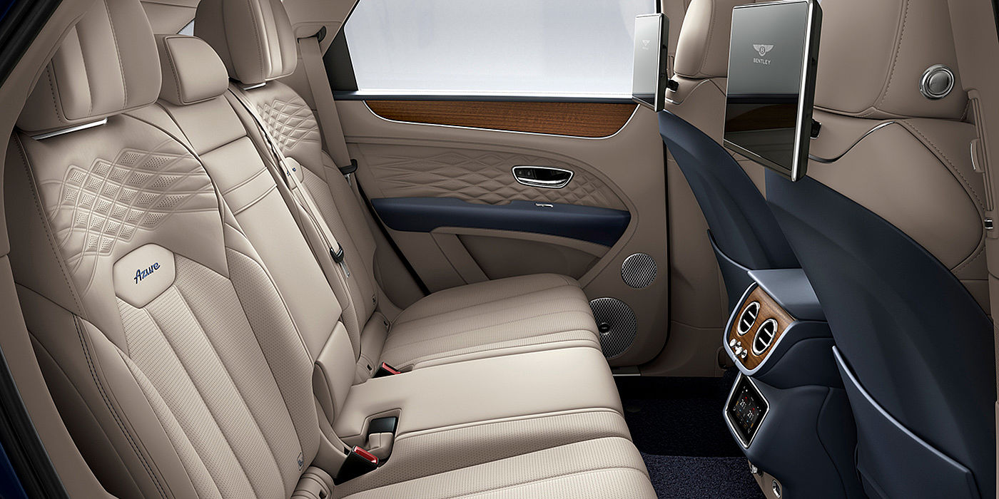 Bentley Zurich Bentey Bentayga Azure interior view for rear passengers with Portland hide and Rear Seat Entertainment. 