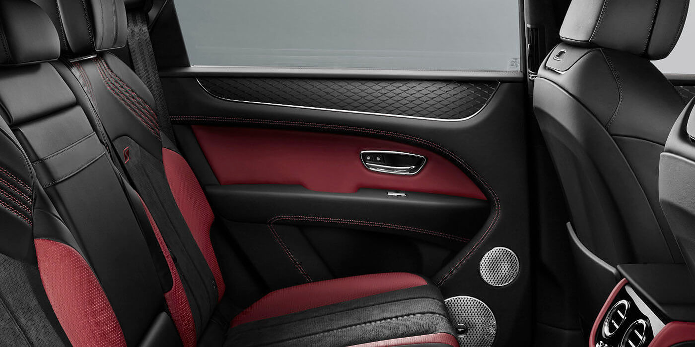 Bentley Zurich Bentley Bentayga S SUV rear interior in Beluga black and Hotspur red hide