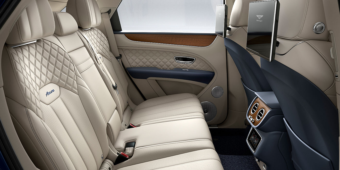 Bentley Zurich Bentley Bentayga Azure SUV rear interior in Imperial Blue and Linen hide