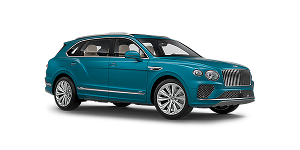 Bentley Zurich Bentley Bentayga EWB Azure front side angled view in Topaz blue coloured exterior. 