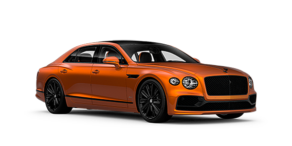 Bentley Zurich Bentley Flying Spur Speed front side angled view in Orange Flame coloured exterior. 
