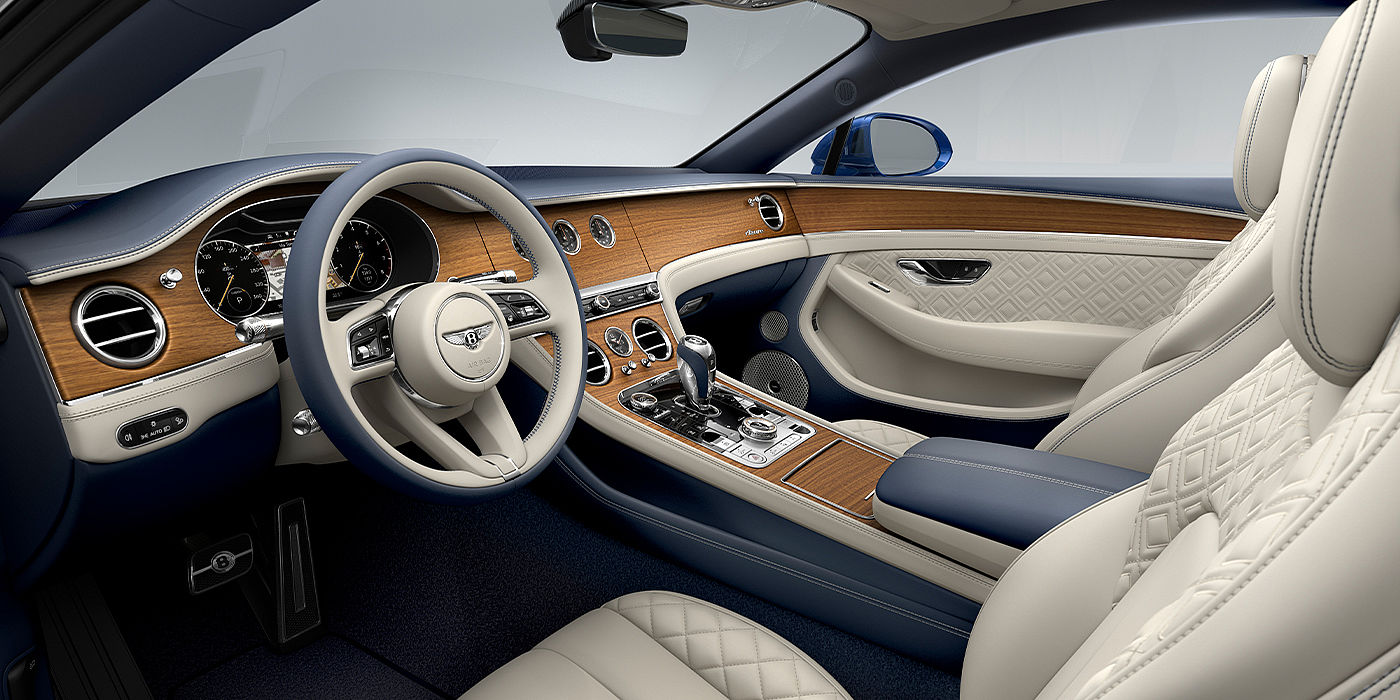 Bentley Zurich Bentley Continental GT Azure coupe front interior in Imperial Blue and linen hide