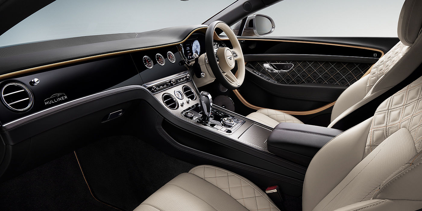 Bentley Zurich Bentley Continental GT Mulliner coupe front interior in Beluga black and Linen hide