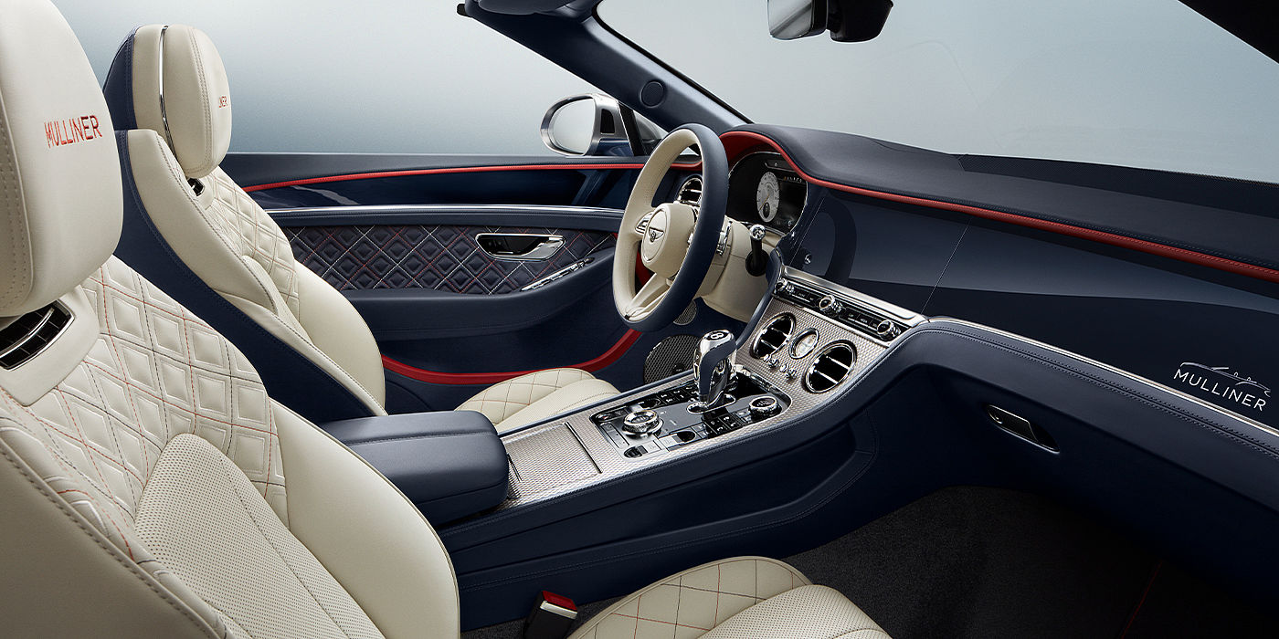 Bentley Zurich Bentley Continental GTC Mulliner convertible front interior in Imperial Blue and Linen hide