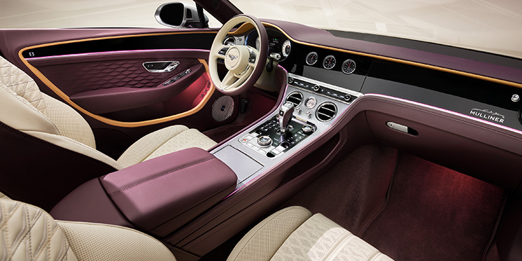 Bentley Zurich Bentley Continental GTC Mulliner convertible front interior including Linen and Damson purple hides and Grand Black veneer